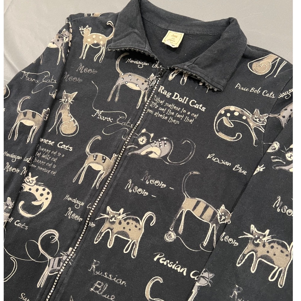 Jess & Jane Cats World Zip Up Sweatshirt Medium Black Cotton Vintage Made in USA